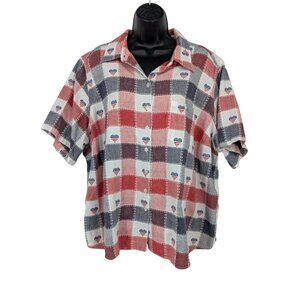 Vtg Americana Patchwork Plaid Heart Button Up Shirt Boho USA Patriotic Size 3X